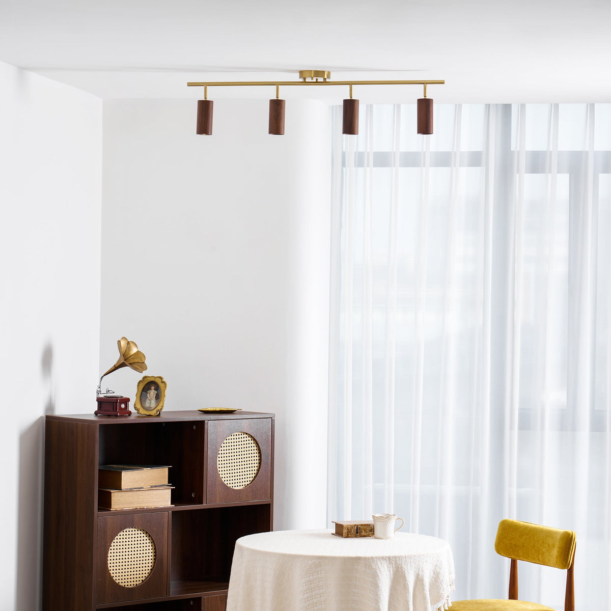 Rowan Ceiling Light in Walnut and Brass, Modern Track Lighting
