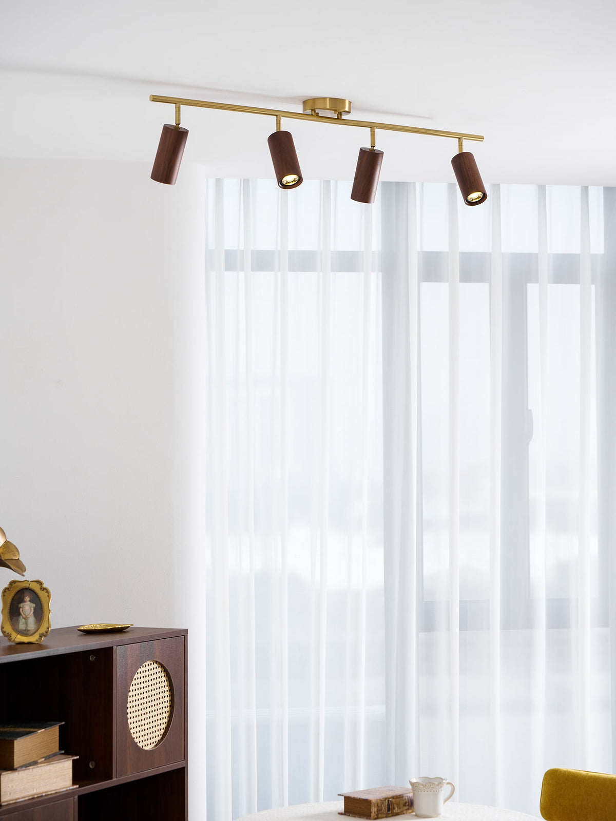 Rowan Ceiling Light in Walnut and Brass, Modern Track Lighting