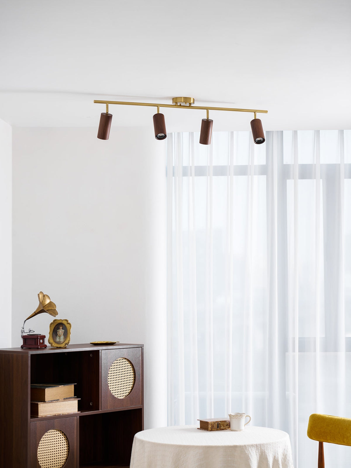 Rowan Ceiling Light in Walnut and Brass, Modern Track Lighting