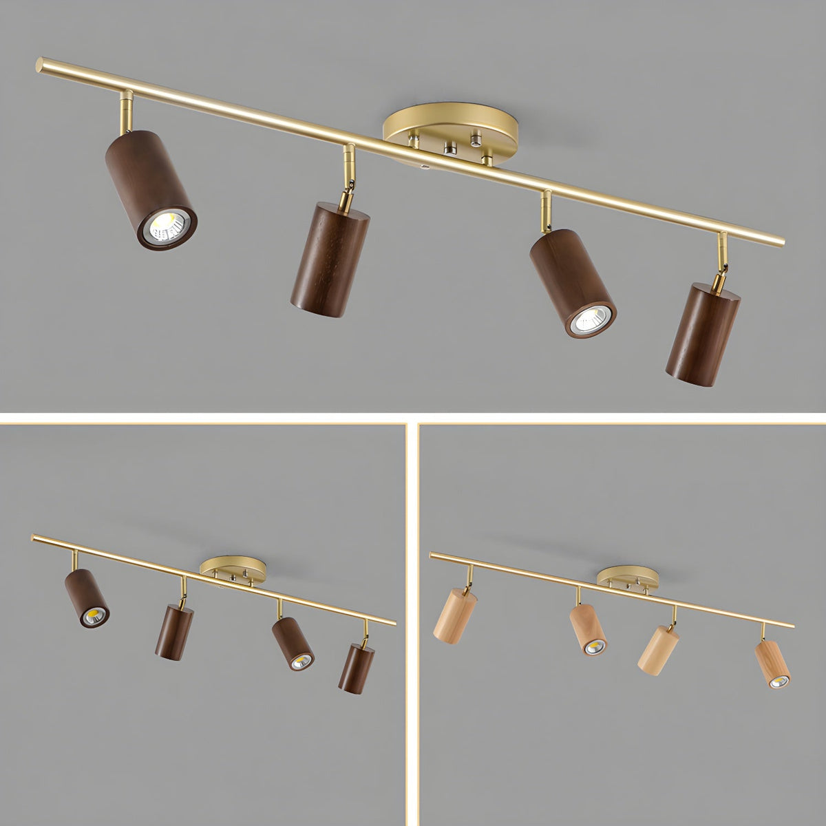Rowan Ceiling Light in Walnut and Brass, Modern Track Lighting