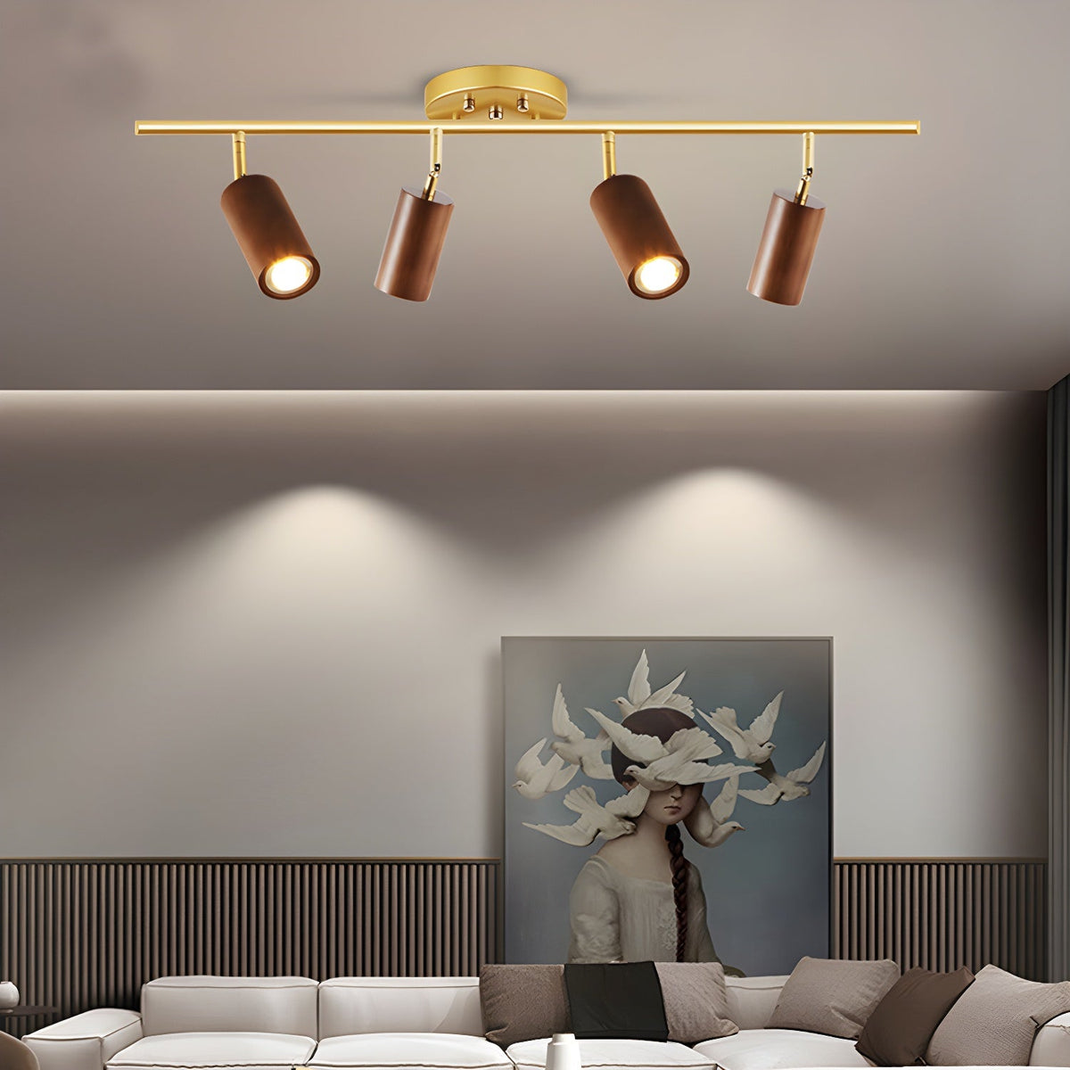 Rowan Ceiling Light in Walnut and Brass, Modern Track Lighting