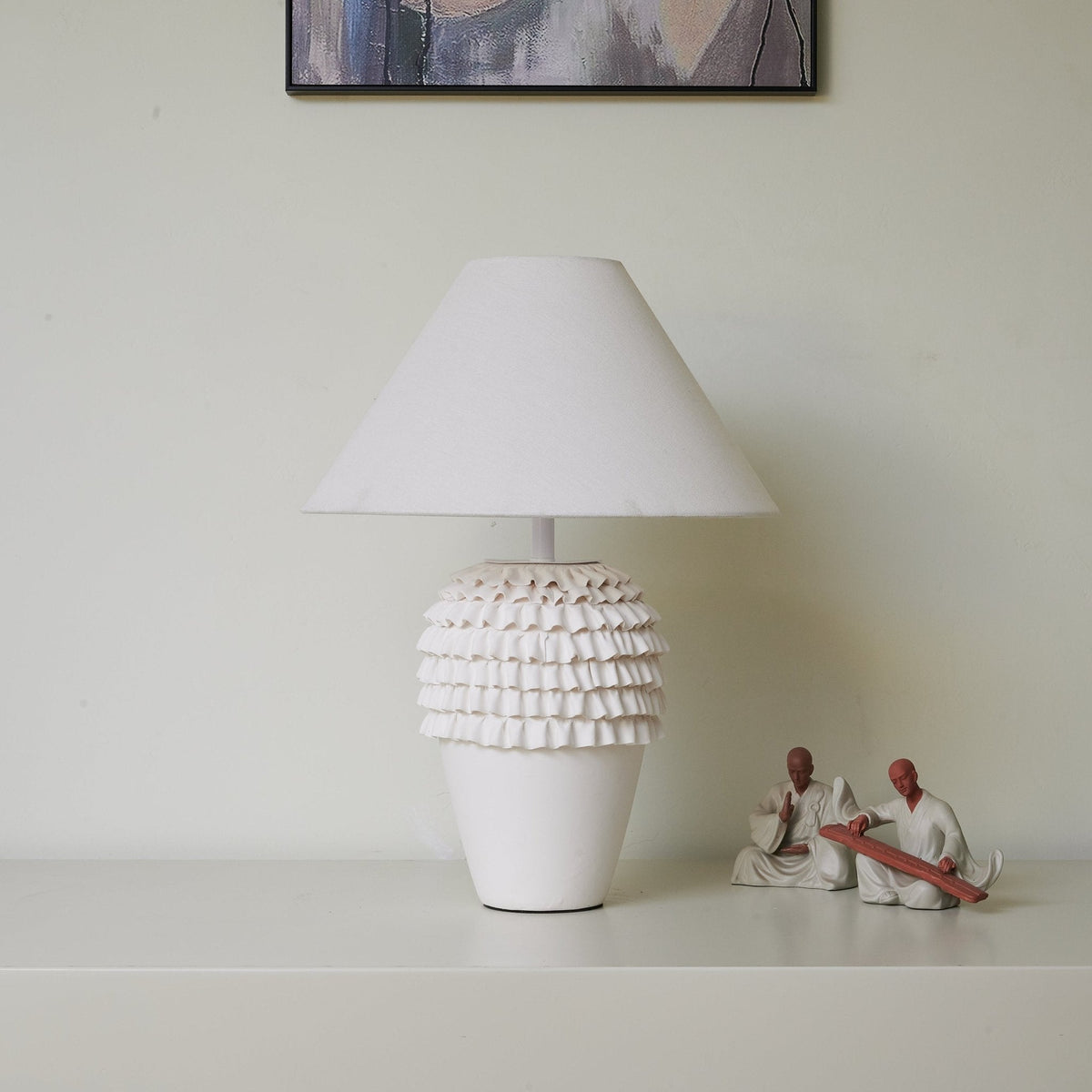 Ruffle Ceramic Table Lamp with Fluted Base and Fabric Shade