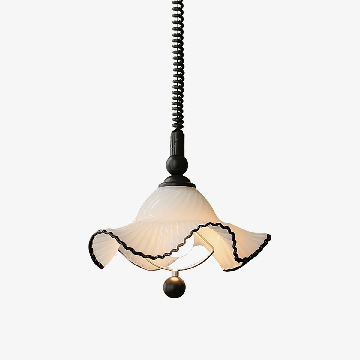 Ruffled Glass Pendant Light with Black Trim for Dining and Kitchen