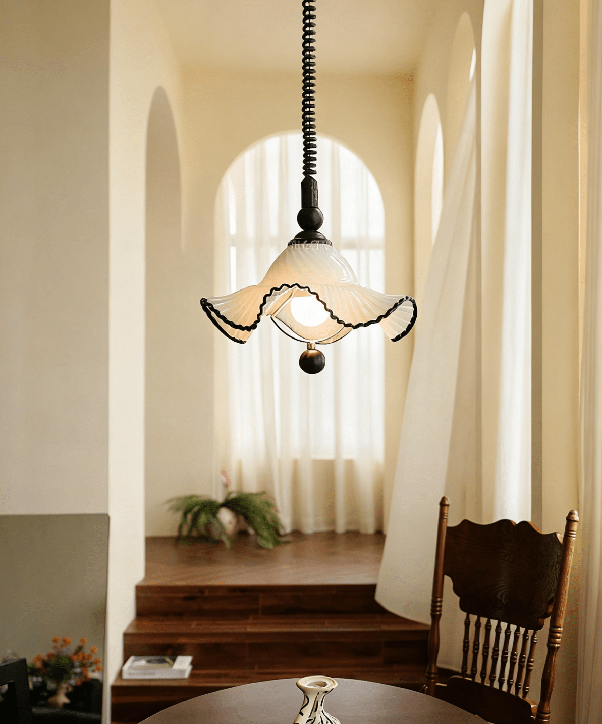 Ruffled Glass Pendant Light with Black Trim for Dining and Kitchen