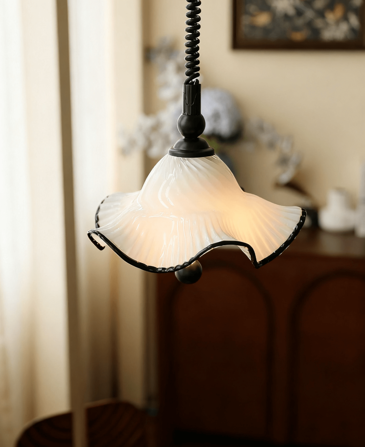 Ruffled Glass Pendant Light with Black Trim for Dining and Kitchen