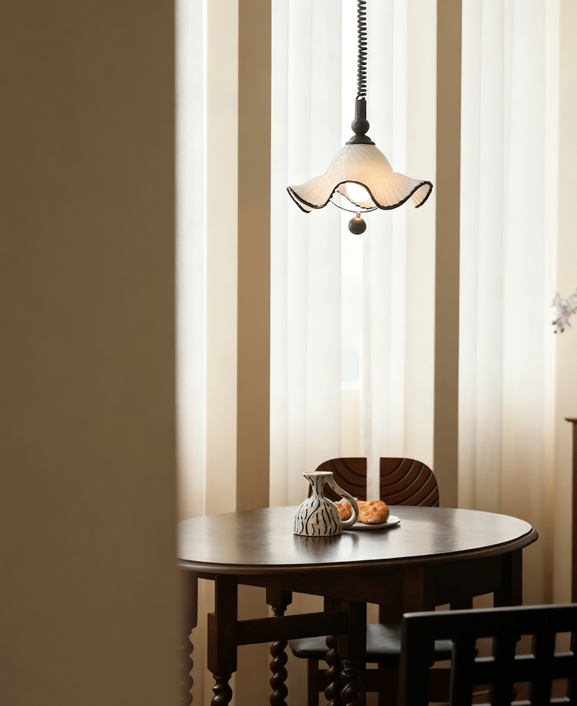 Ruffled Glass Pendant Light with Black Trim for Dining and Kitchen