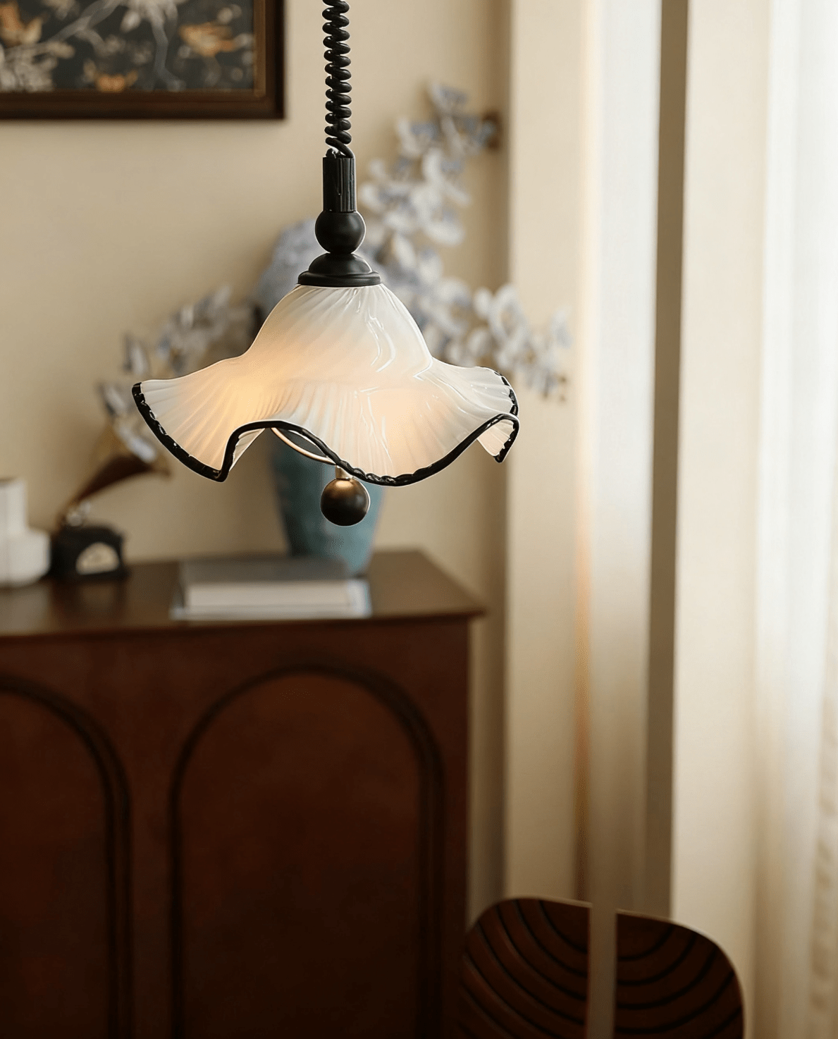 Ruffled Glass Pendant Light with Black Trim for Dining and Kitchen