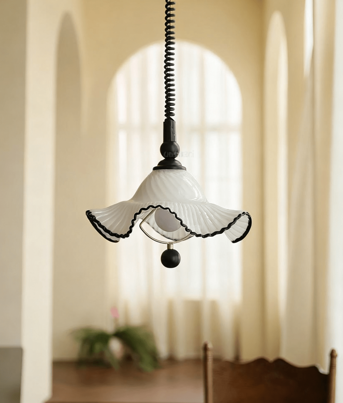 Ruffled Glass Pendant Light with Black Trim for Dining and Kitchen