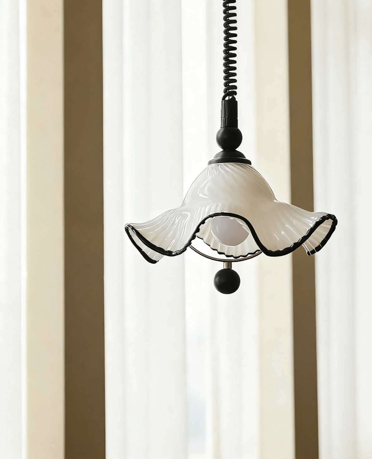 Ruffled Glass Pendant Light with Black Trim for Dining and Kitchen