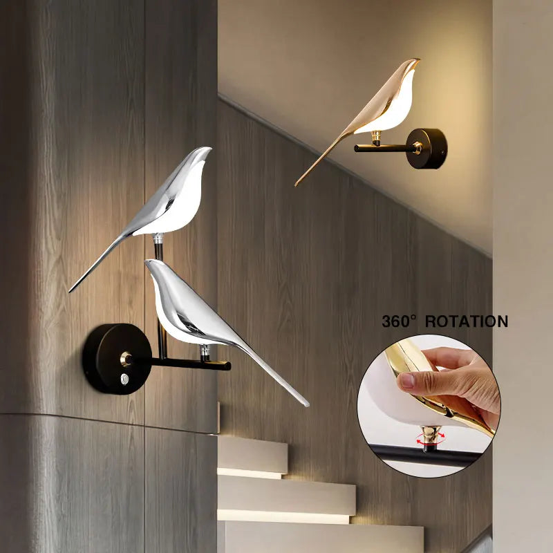 Golden Silver Touch Switch Bird Led Wall Lights Wall Sconce 360 Rotatable Indoor Led Wall Lamps For Bedroom Corridor Ac85 265V