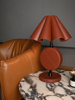 Saddle Stitch Leather Table Lamp with Pleated Shade, Warm Brown