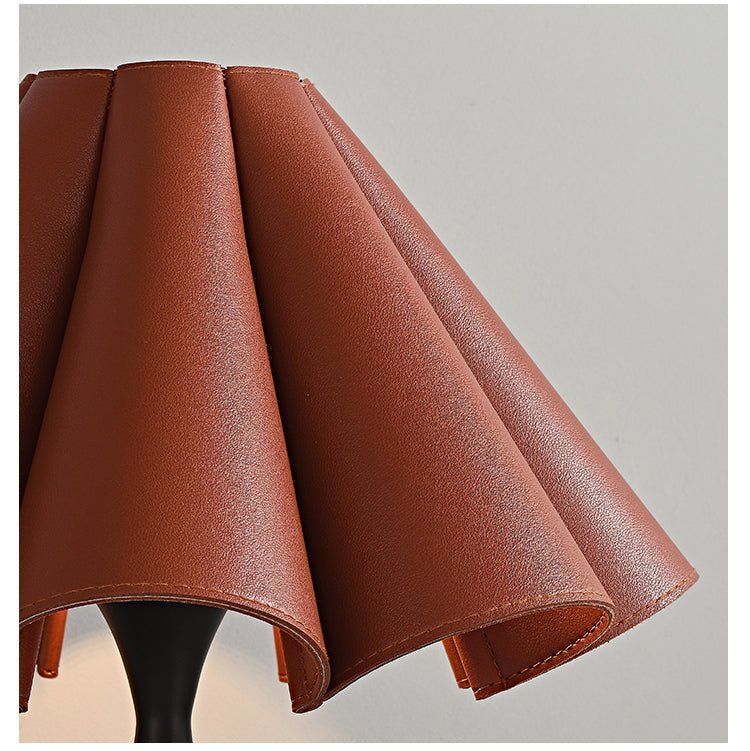 Saddle Stitch Leather Table Lamp with Pleated Shade, Warm Brown