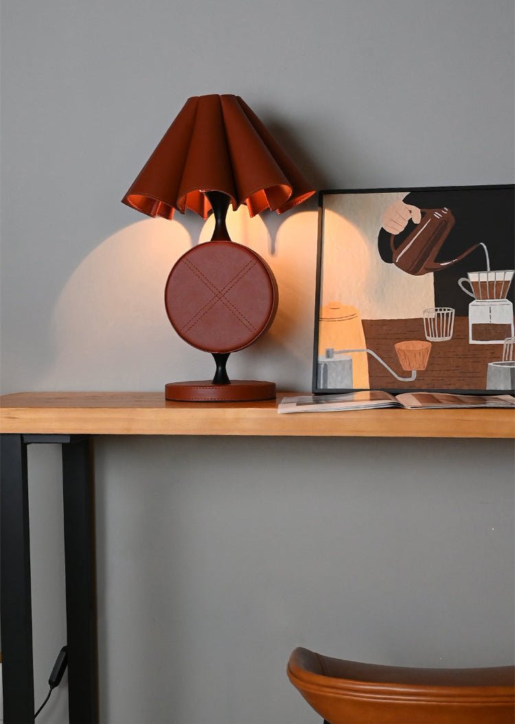 Saddle Stitch Leather Table Lamp with Pleated Shade, Warm Brown