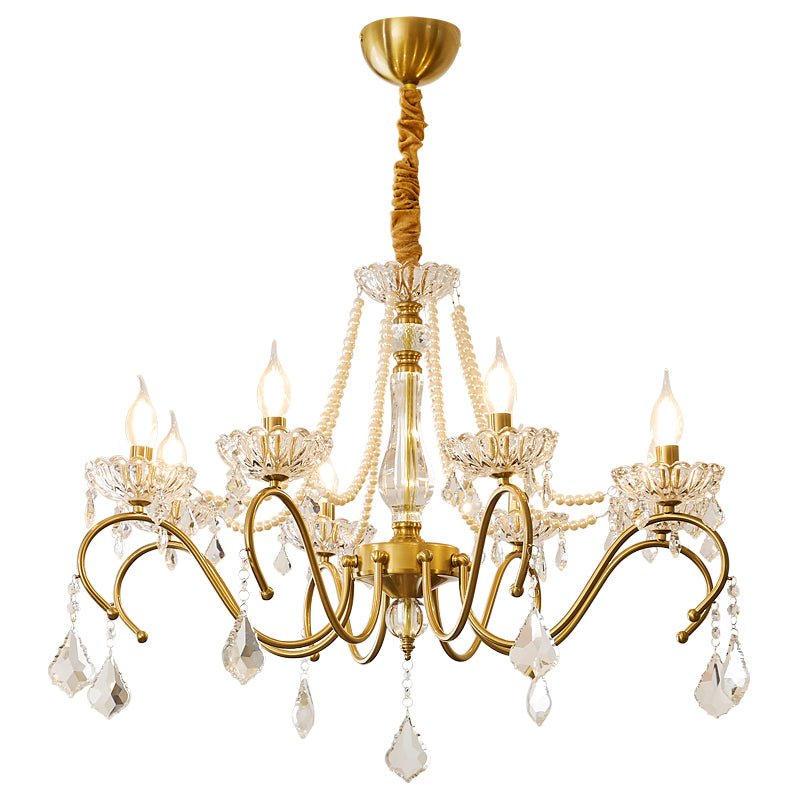 Sapphire Crystal Chandelier – Gold Brass & Pearl Cascade for Dining Room