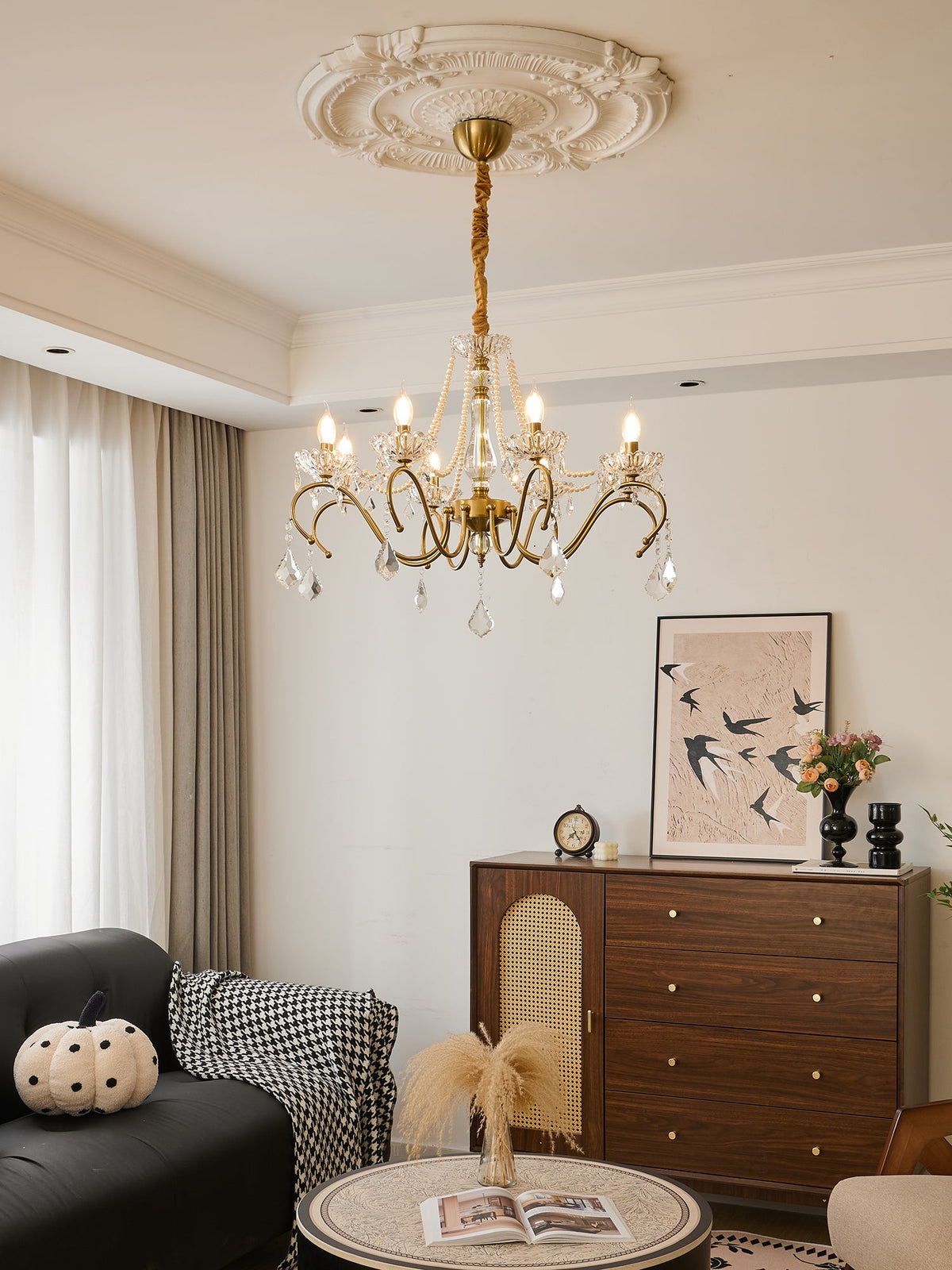 Sapphire Crystal Chandelier – Gold Brass & Pearl Cascade for Dining Room