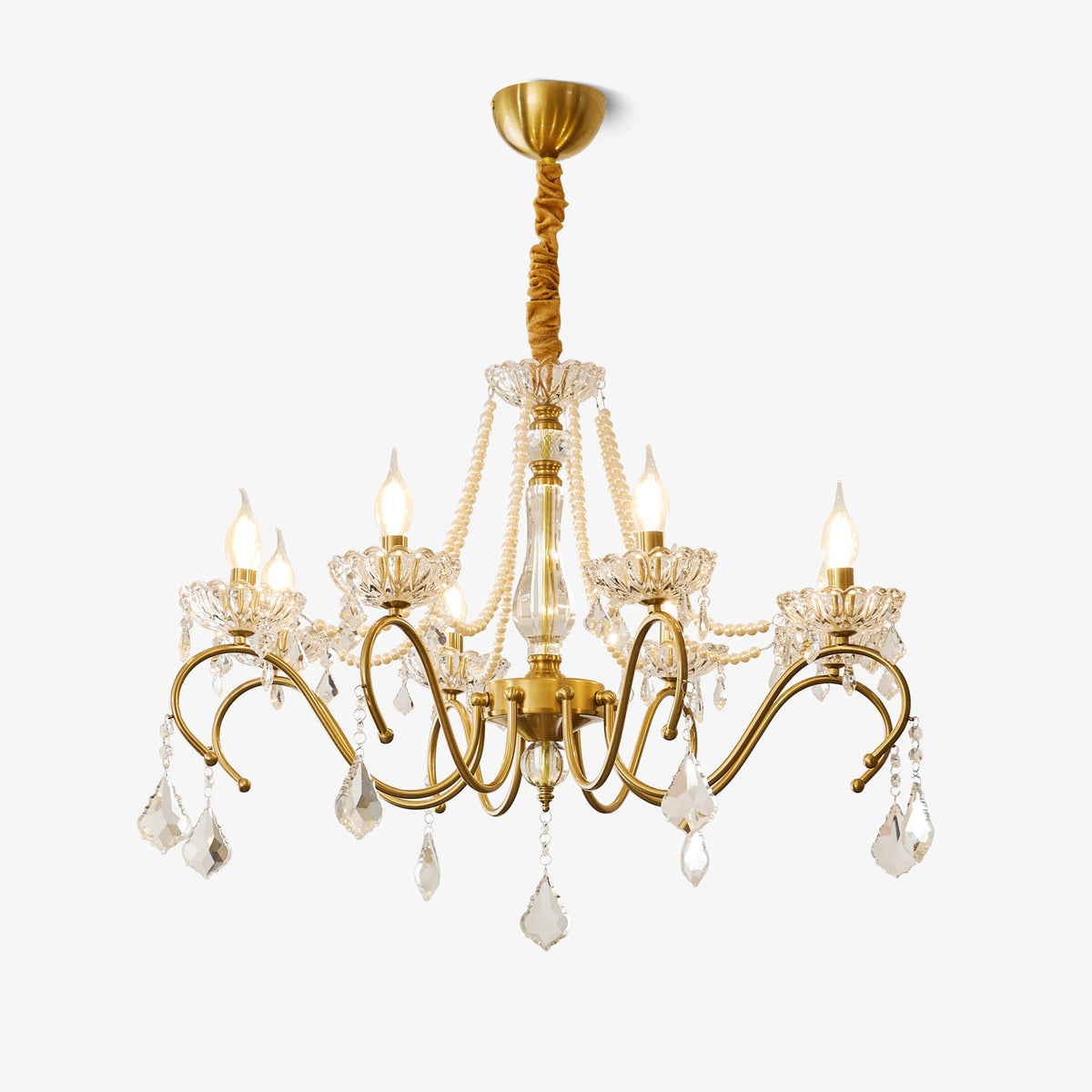 Sapphire Crystal Chandelier – Gold Brass & Pearl Cascade for Dining Room
