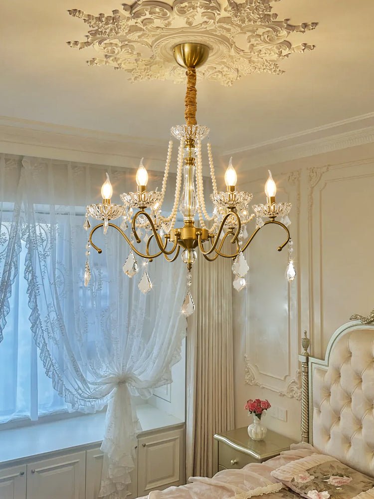 Sapphire Crystal Chandelier – Gold Brass & Pearl Cascade for Dining Room