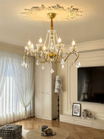Sapphire Crystal Chandelier – Gold Brass & Pearl Cascade for Dining Room
