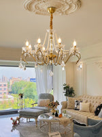 Sapphire Crystal Chandelier – Gold Brass & Pearl Cascade for Dining Room