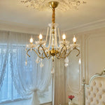 Sapphire Crystal Chandelier – Gold Brass & Pearl Cascade for Dining Room