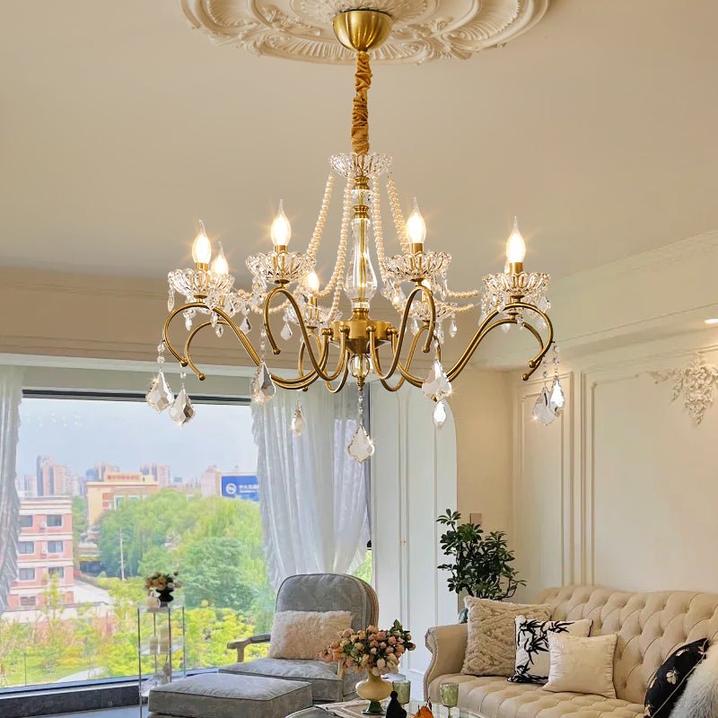 Sapphire Crystal Chandelier – Gold Brass & Pearl Cascade for Dining Room
