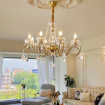 Sapphire Crystal Chandelier – Gold Brass & Pearl Cascade for Dining Room
