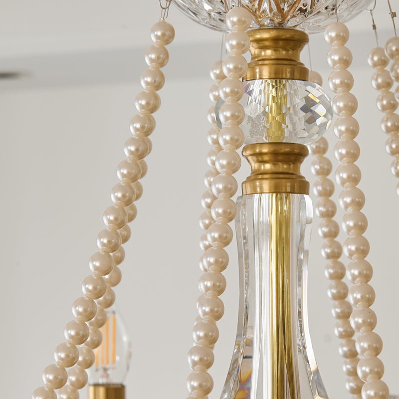 Sapphire Crystal Chandelier – Gold Brass & Pearl Cascade for Dining Room