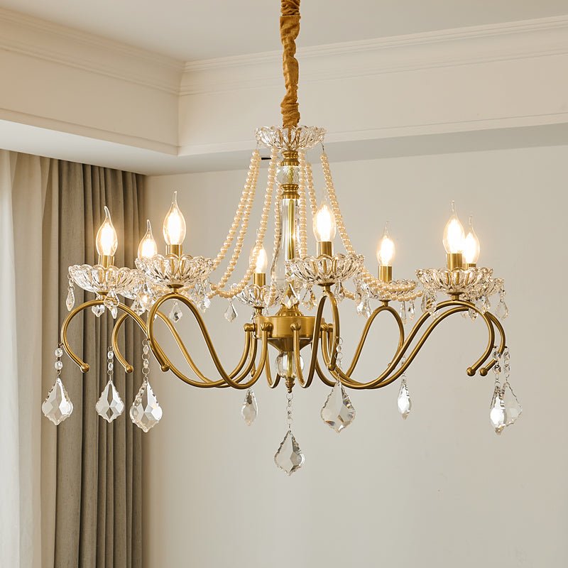 Sapphire Crystal Chandelier – Gold Brass & Pearl Cascade for Dining Room