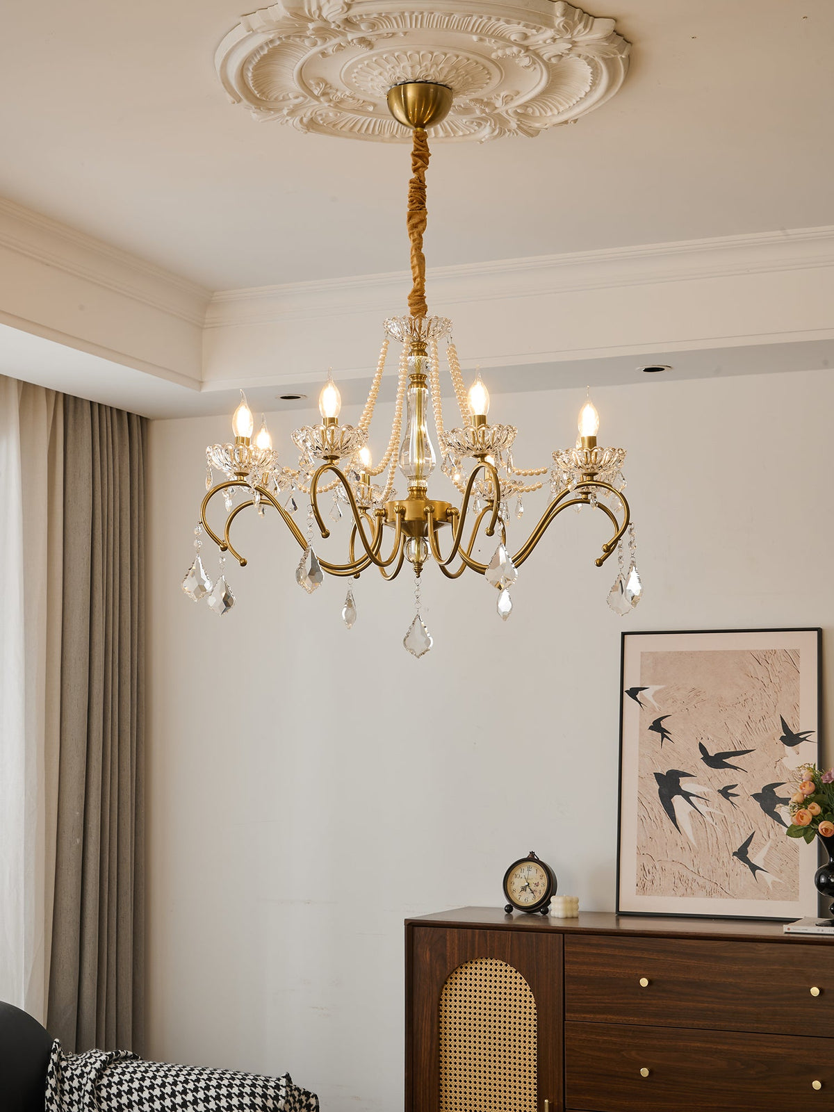 Sapphire Crystal Chandelier – Gold Brass & Pearl Cascade for Dining Room