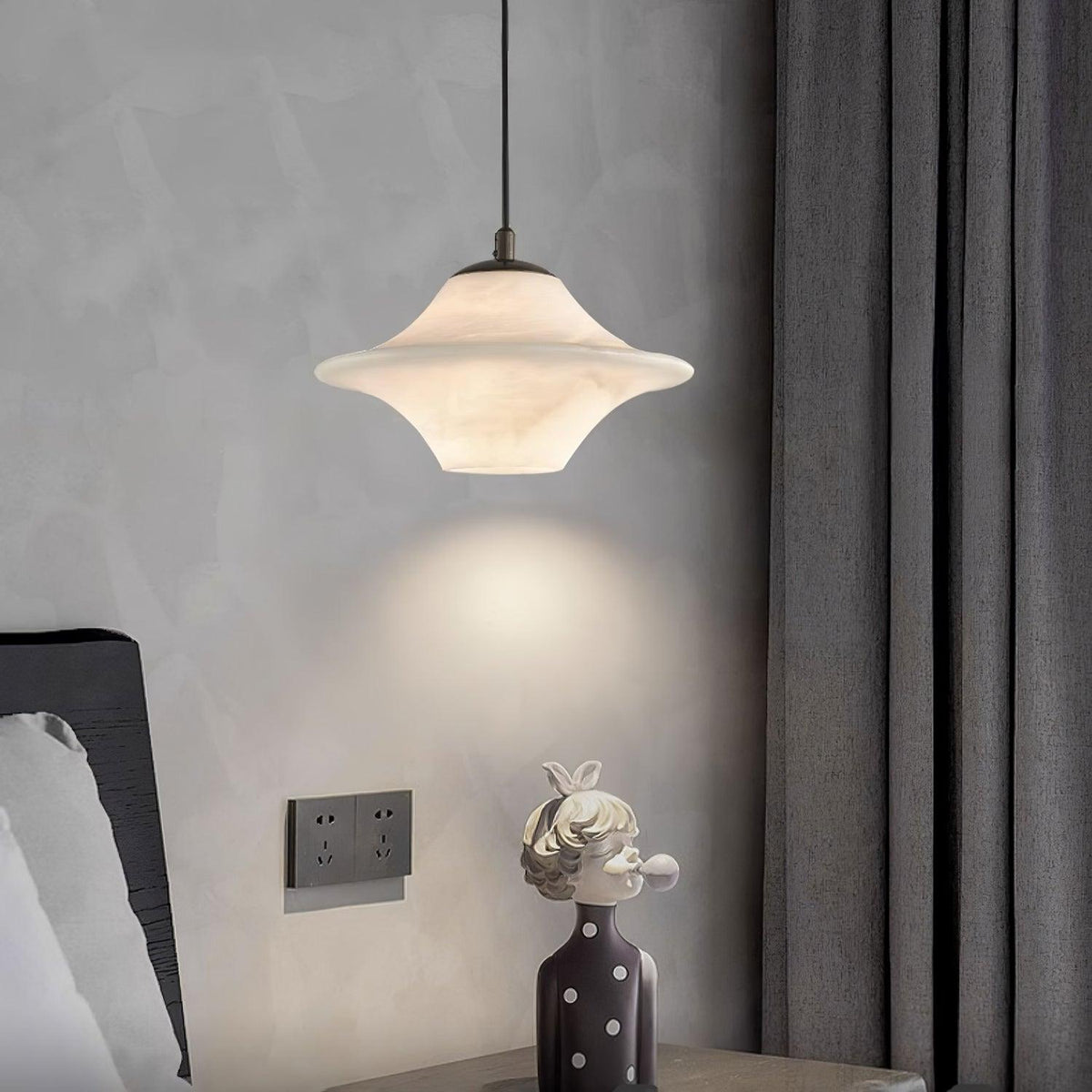 Celestial Alabaster Pendant Light with Black Metal Accents