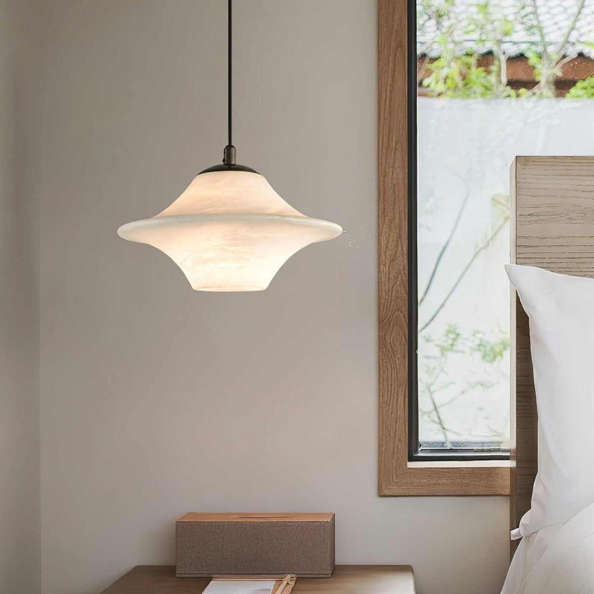 Celestial Alabaster Pendant Light with Black Metal Accents