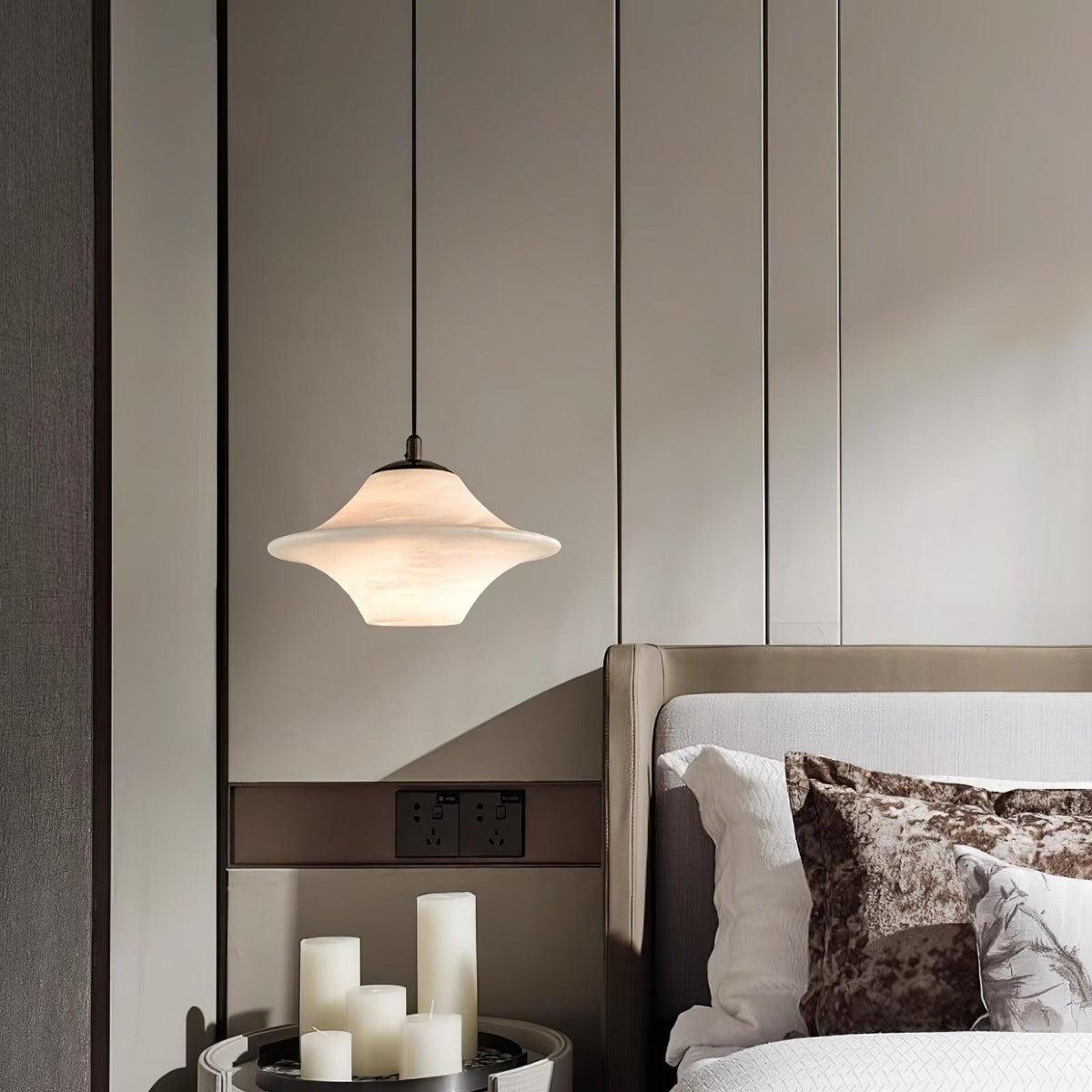 Celestial Alabaster Pendant Light with Black Metal Accents