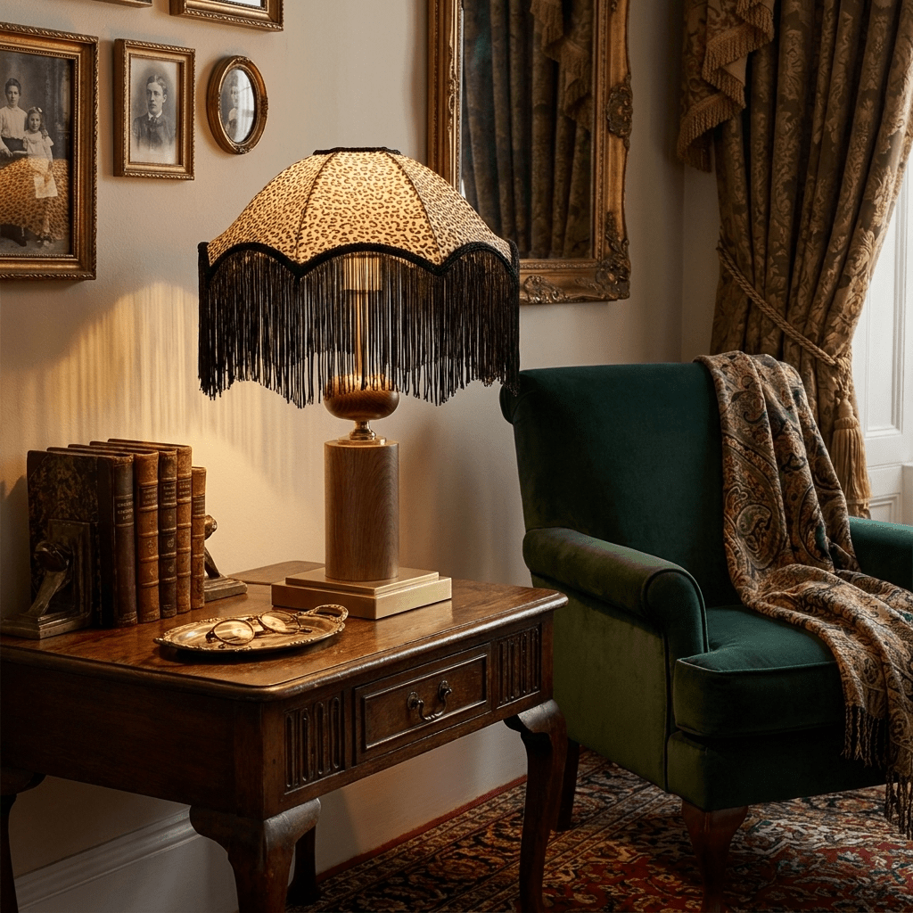 Savanna Fringe Table Lamp with Leopard Shade and Brass Accents