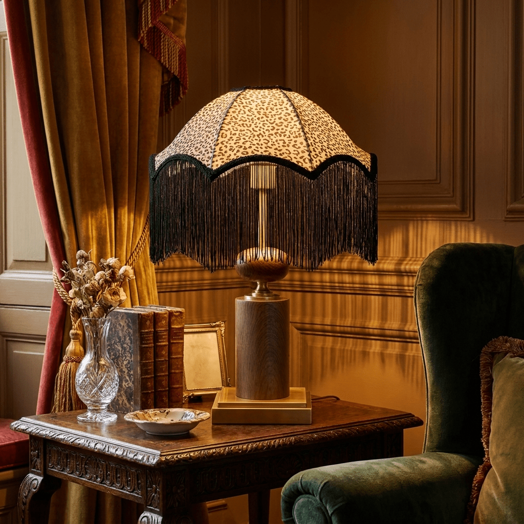 Savanna Fringe Table Lamp with Leopard Shade and Brass Accents
