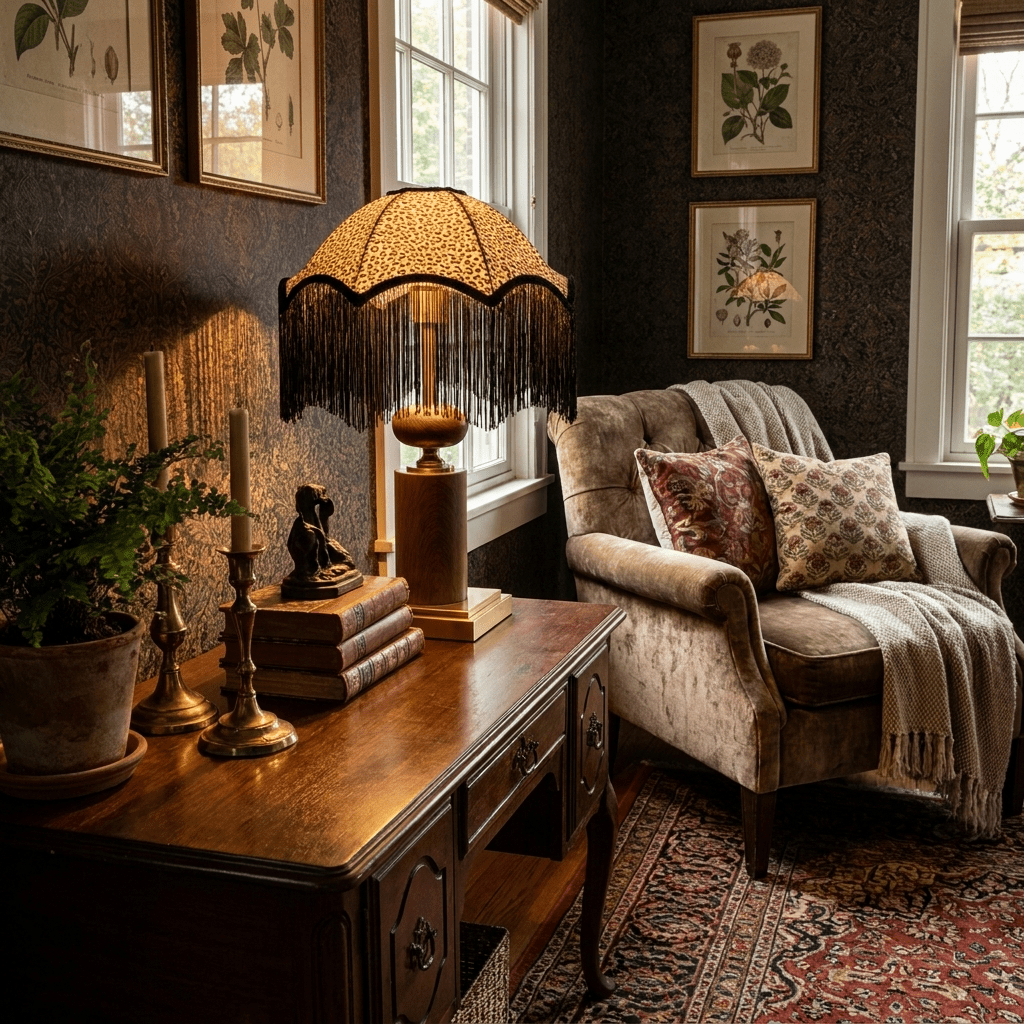 Savanna Fringe Table Lamp with Leopard Shade and Brass Accents