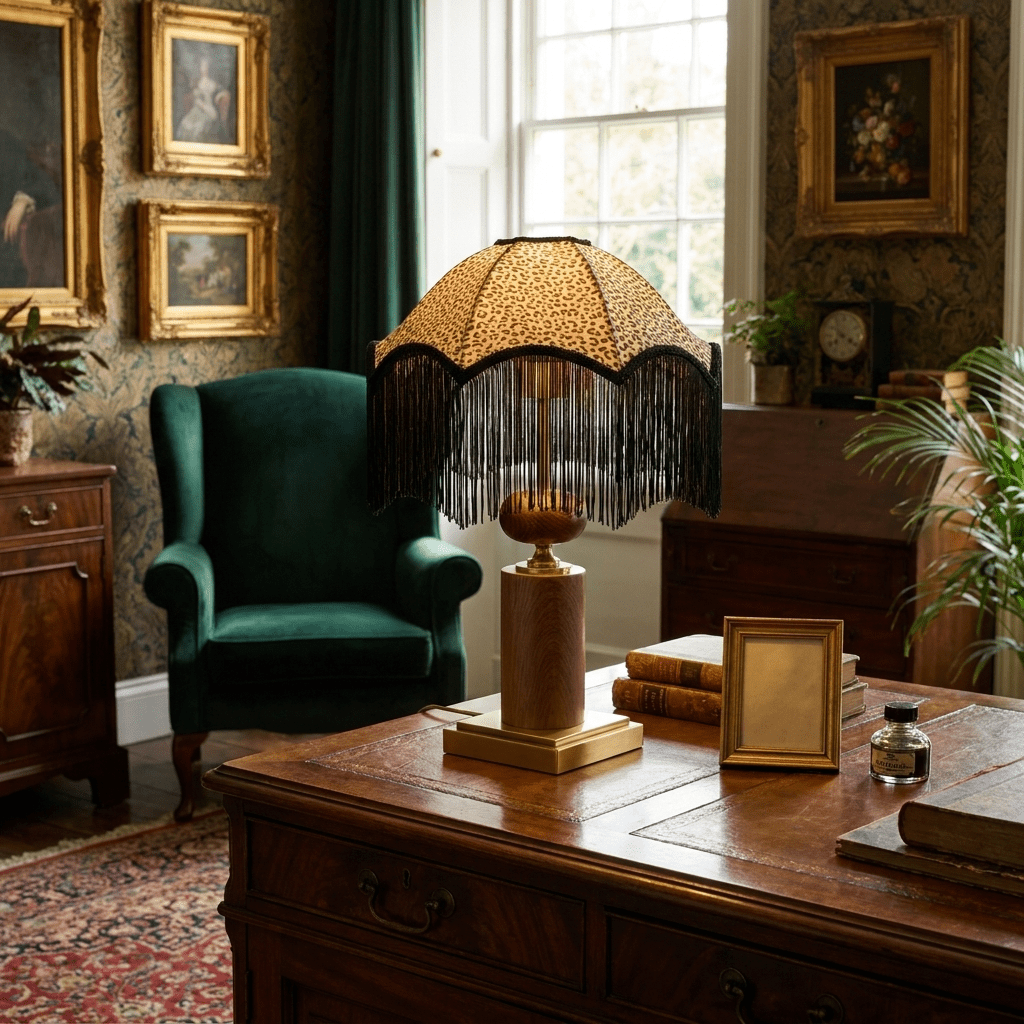 Savanna Fringe Table Lamp with Leopard Shade and Brass Accents