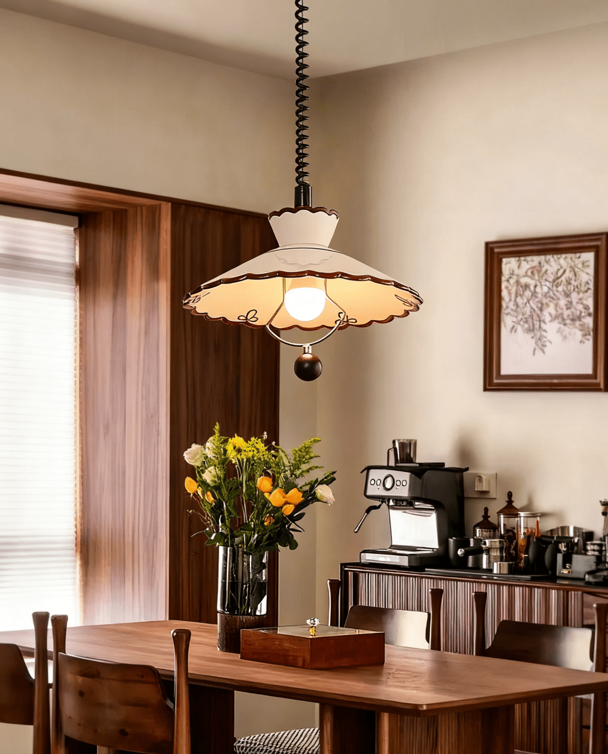 Scalloped Ceramic Pendant Light with Coiled Cord for Modern Interiors