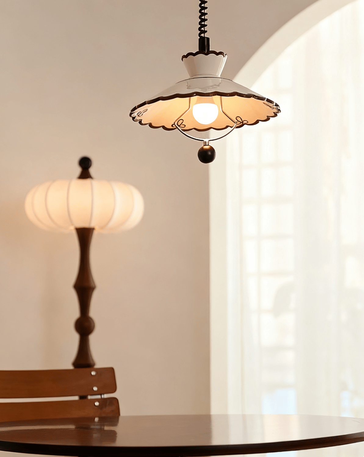 Scalloped Ceramic Pendant Light with Coiled Cord for Modern Interiors