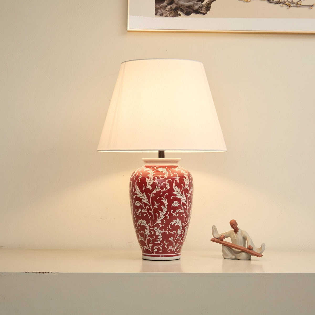 Scarlet Vine Ceramic Table Lamp with White Fabric Shade