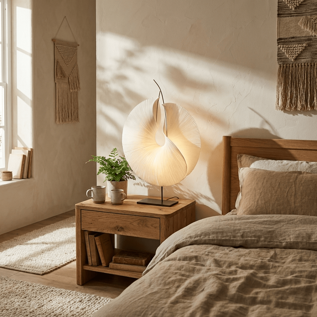 Sculptural Pleated Paper Table Lamp with Hand-Painted Accent