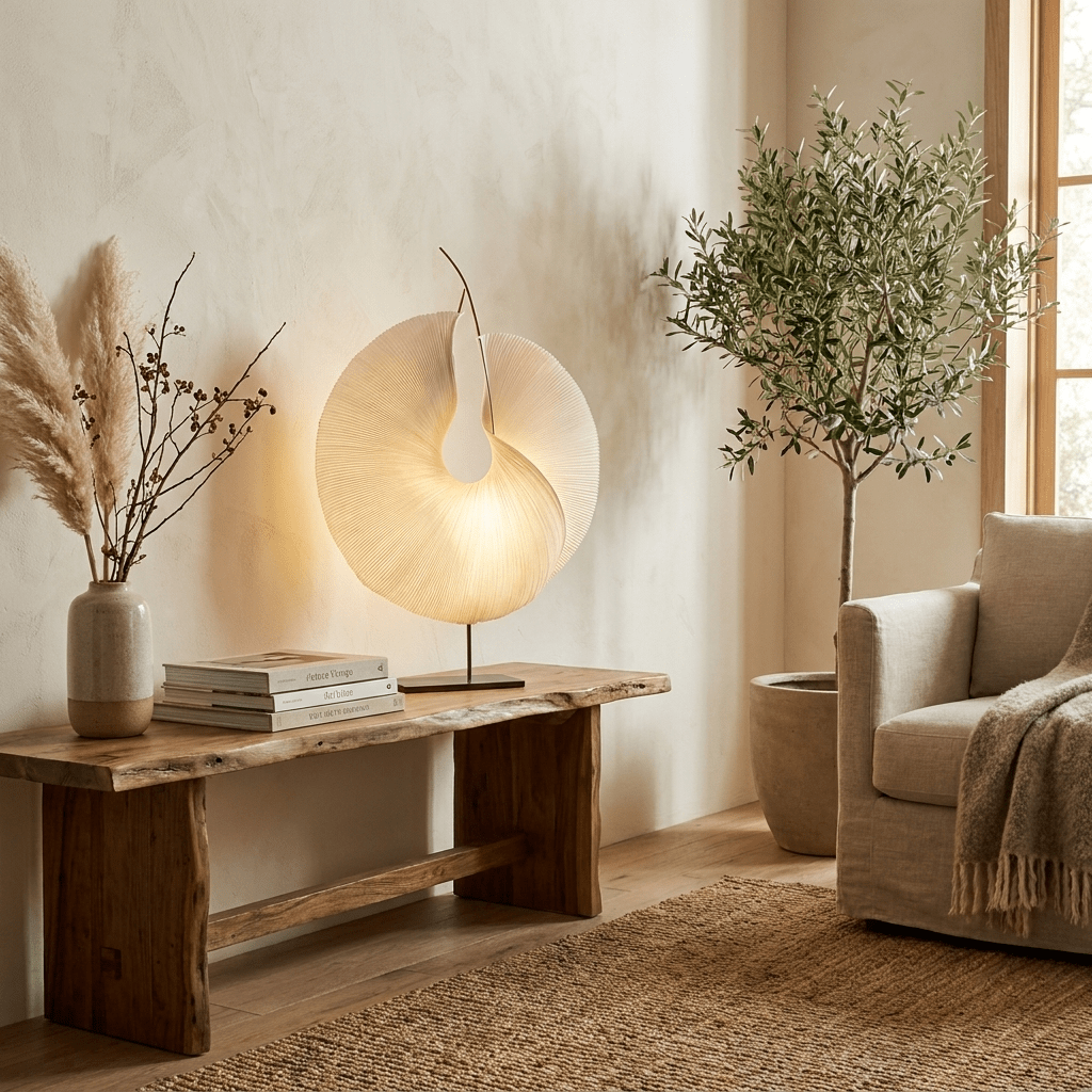Sculptural Pleated Paper Table Lamp with Hand-Painted Accent