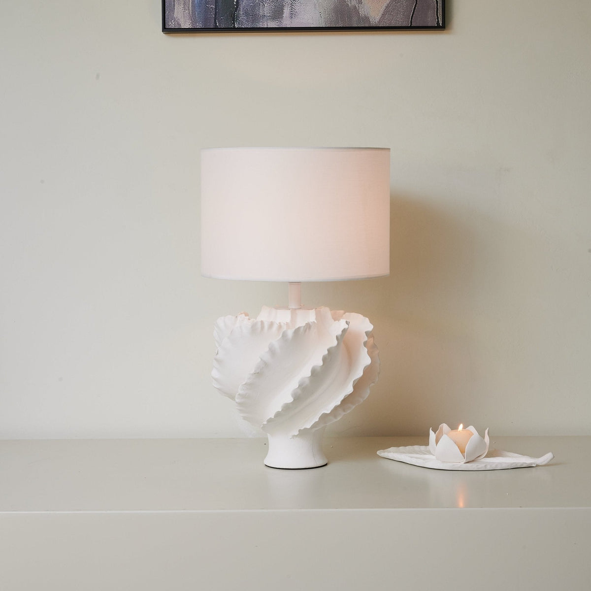 Sculptural Shell Table Lamp with Fabric Shade for Modern Interiors