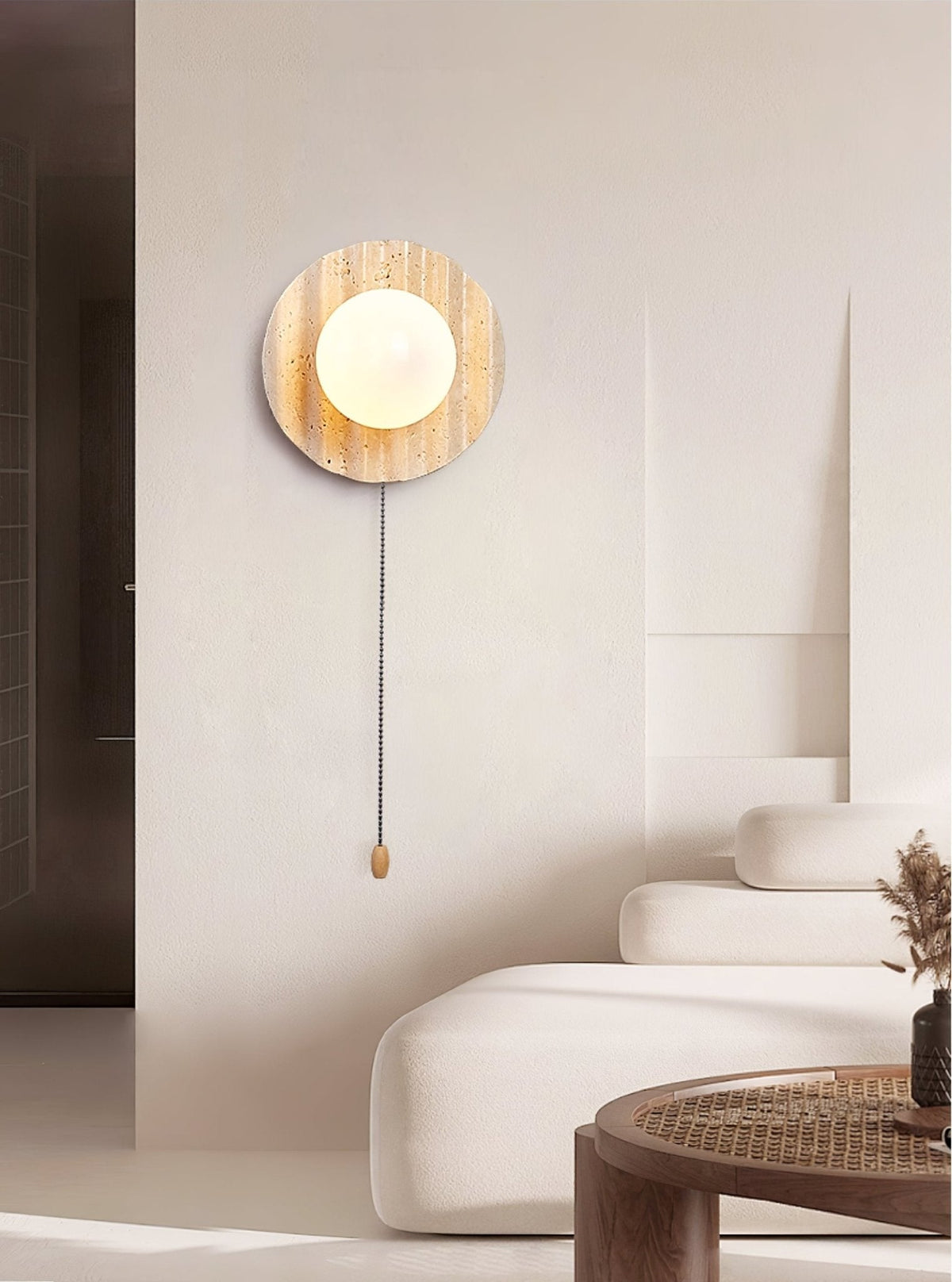 Selorar Travertine Wall Sconce — Natural Stone & Glass