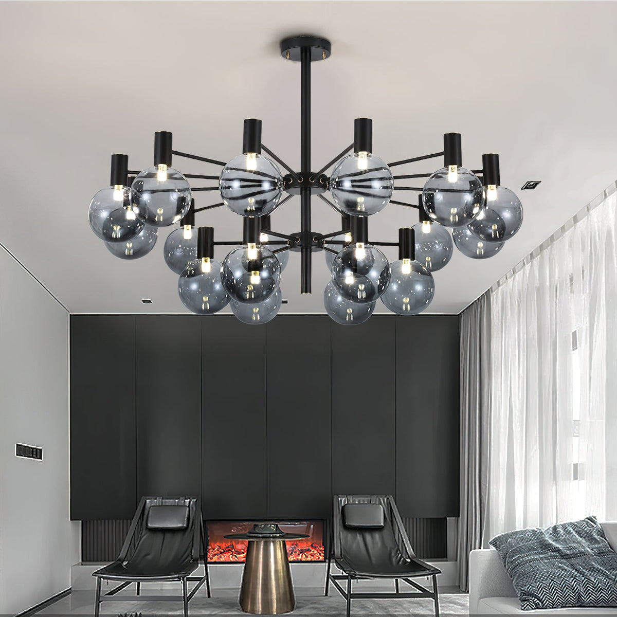 Selva Black Chandelier – Modern Smoke Glass Globe Pendant Light