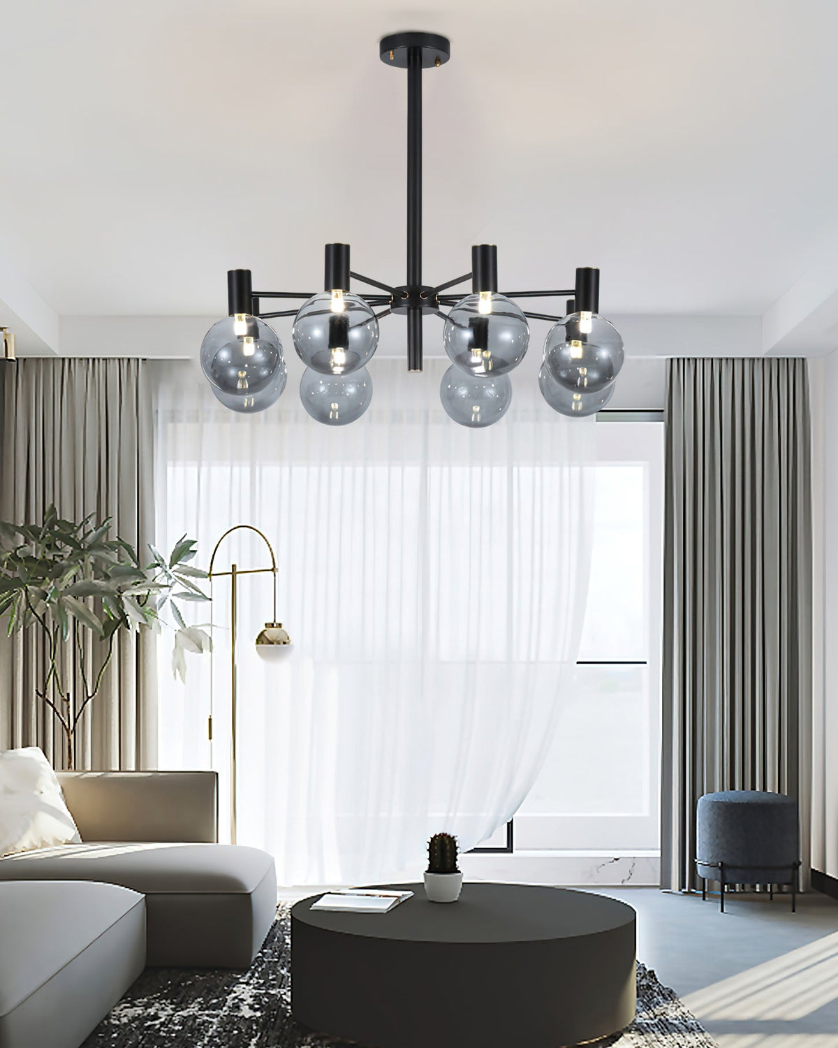 Selva Black Chandelier – Modern Smoke Glass Globe Pendant Light
