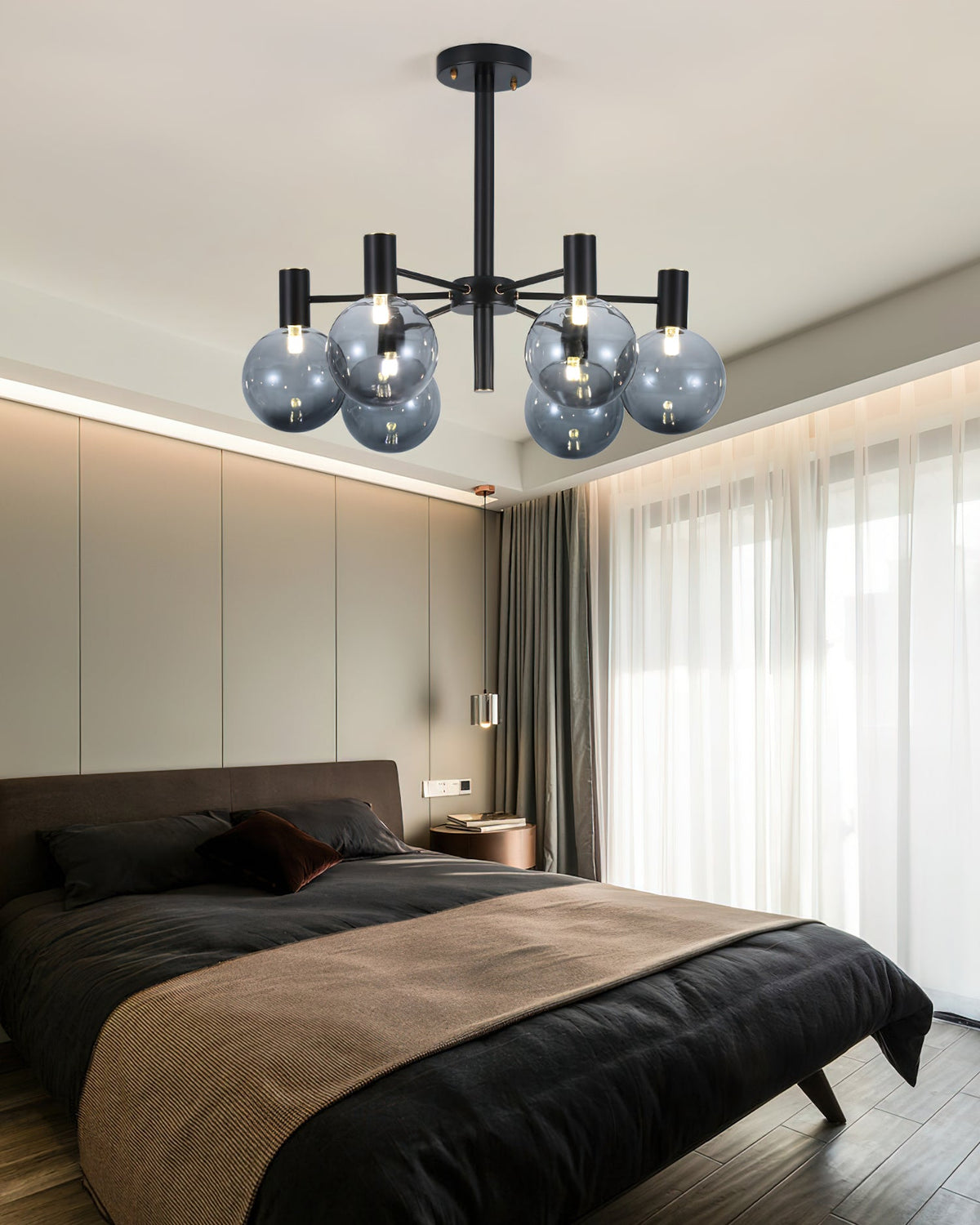 Selva Black Chandelier – Modern Smoke Glass Globe Pendant Light