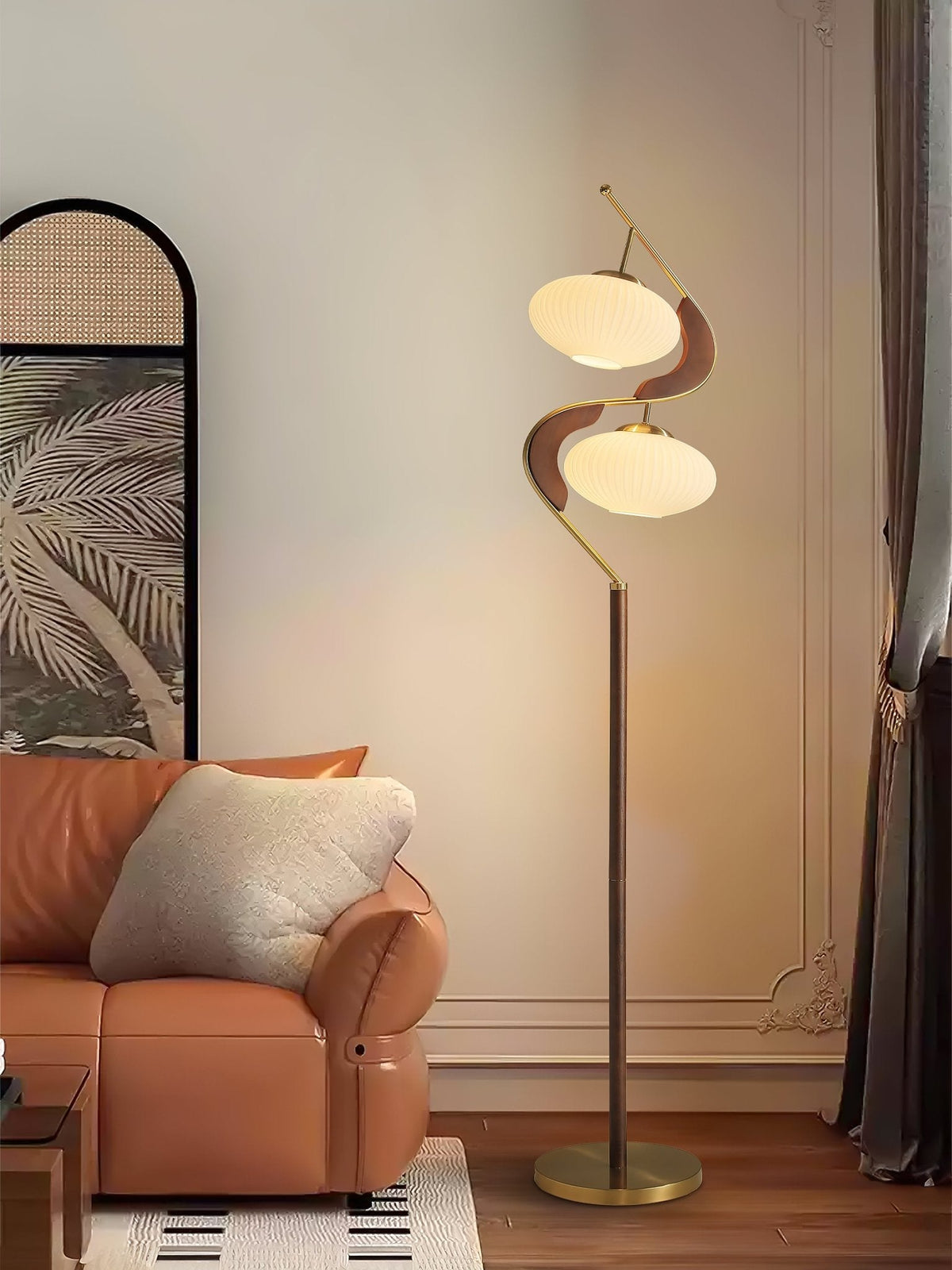 Serenita Double Shade Floor Lamp in Walnut and Gold