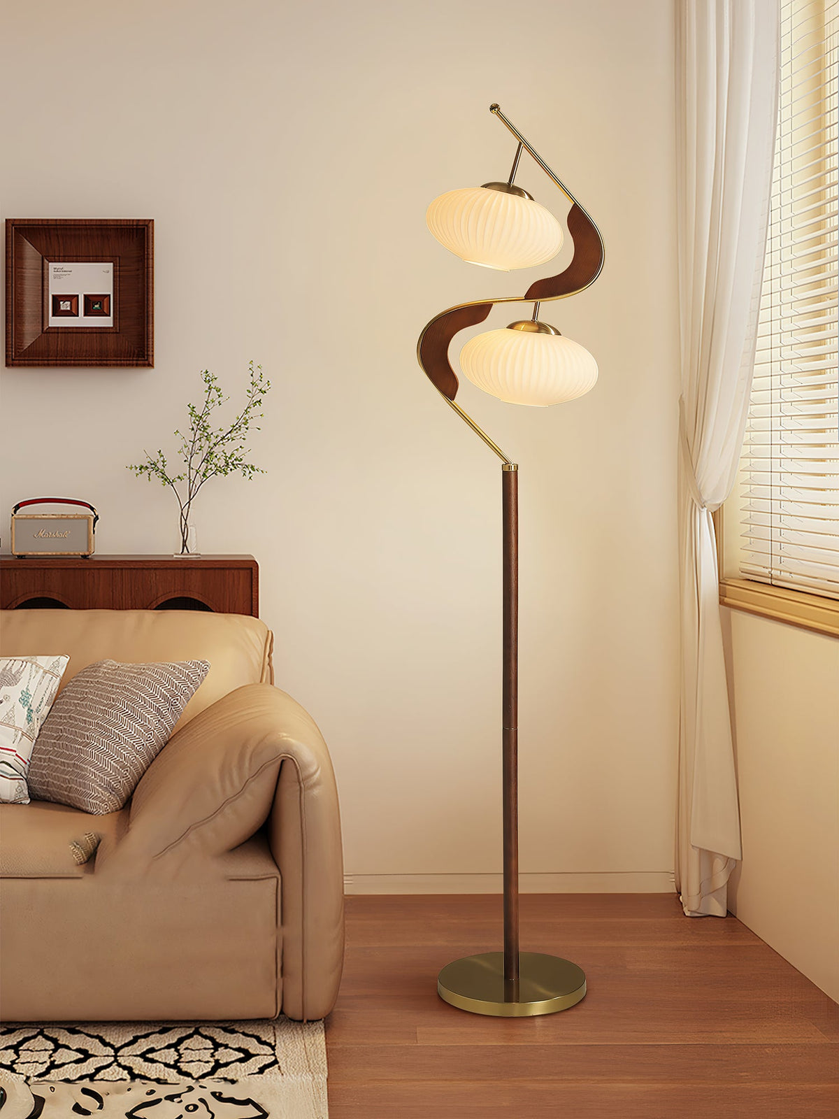 Serenita Double Shade Floor Lamp in Walnut and Gold