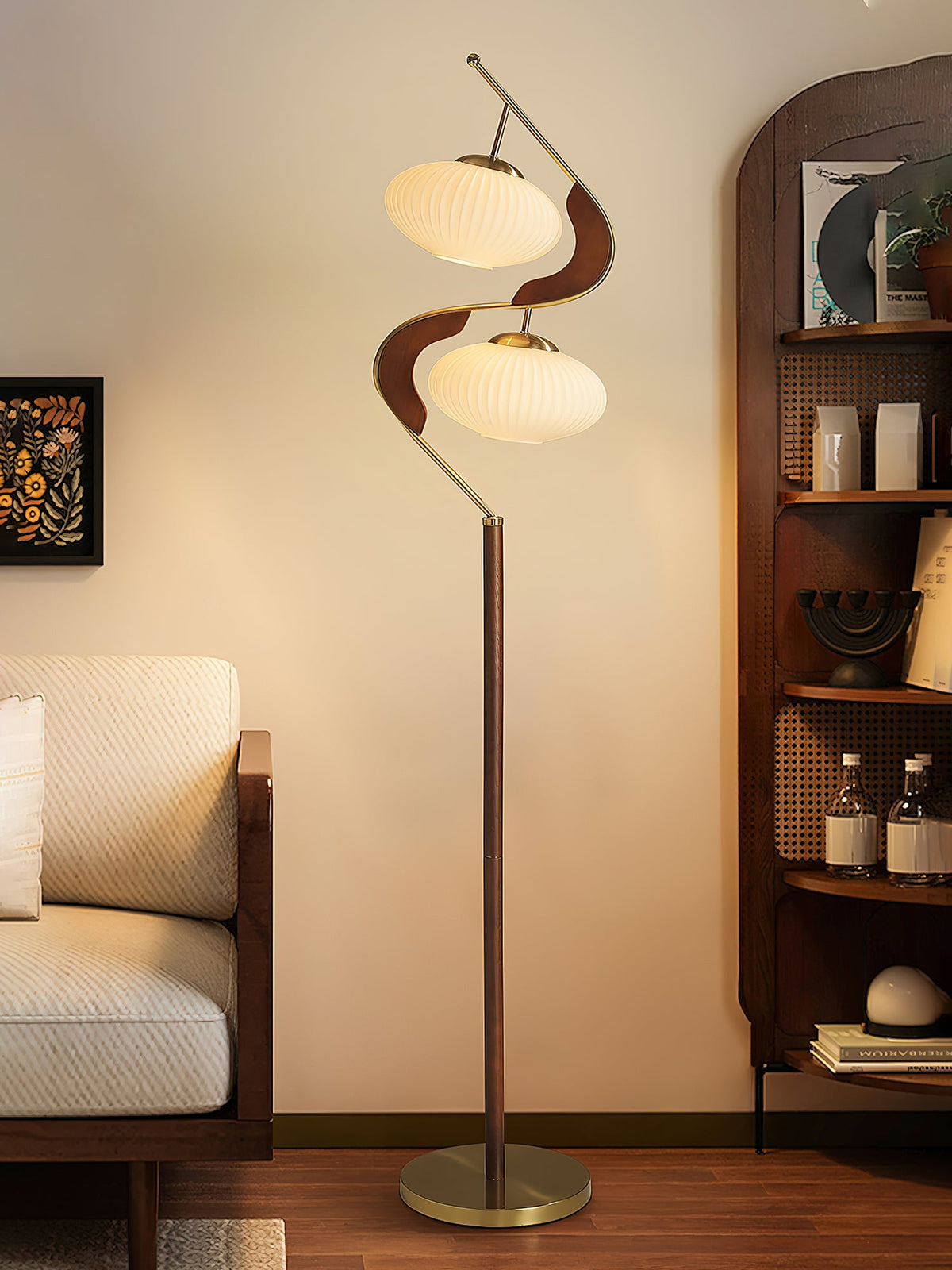 Serenita Double Shade Floor Lamp in Walnut and Gold