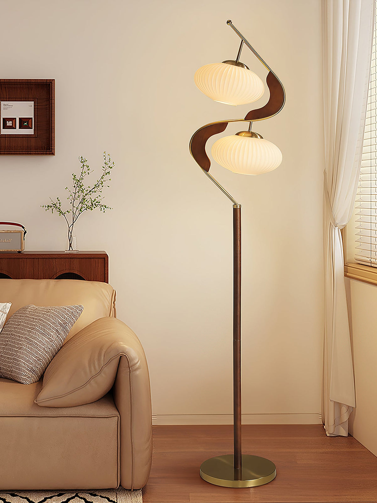 Serenita Double Shade Floor Lamp in Walnut and Gold